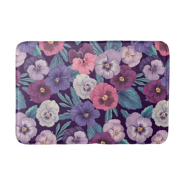 Colorful pansies on deep violet bath mat (Front)
