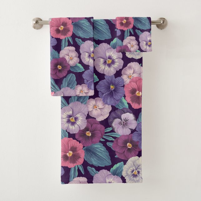 Colorful pansies on deep violet bath towel set (Insitu)