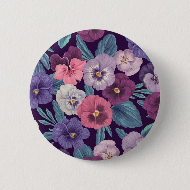 Colorful pansies on deep violet button (Front)