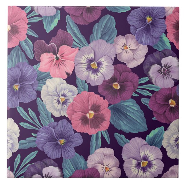 Colorful pansies on deep violet ceramic tile (Front)