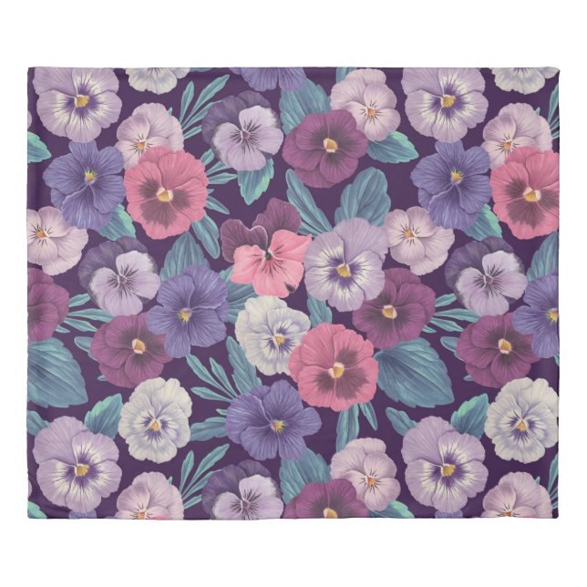 Colorful pansies on deep violet duvet cover (Front)
