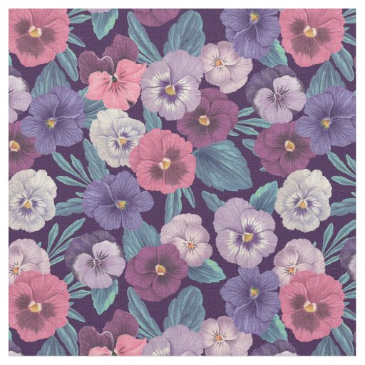 Colorful pansies on deep violet fabric