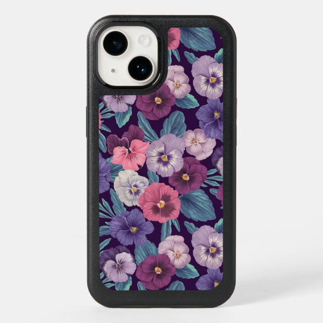 Colorful pansies on deep violet otterbox iPhone case (Back)