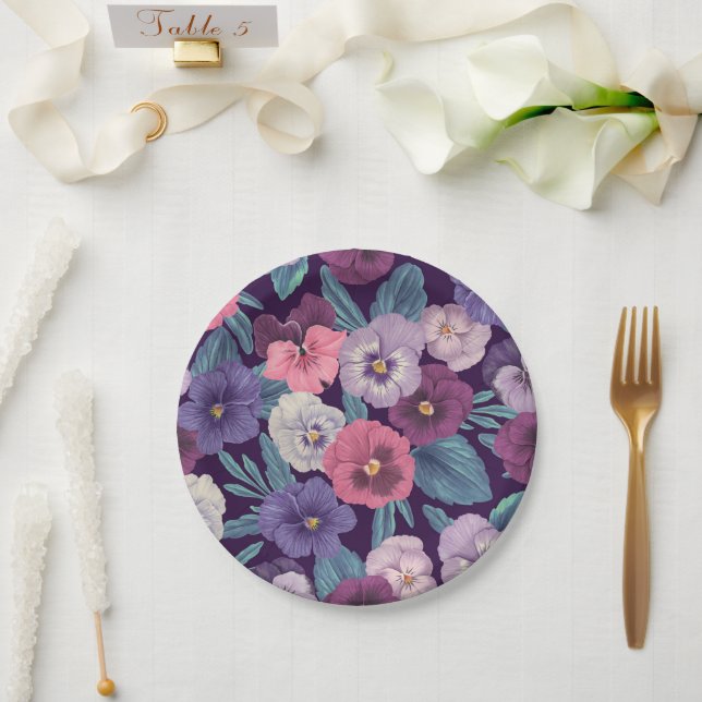 Colorful pansies on deep violet paper plates (Wedding)