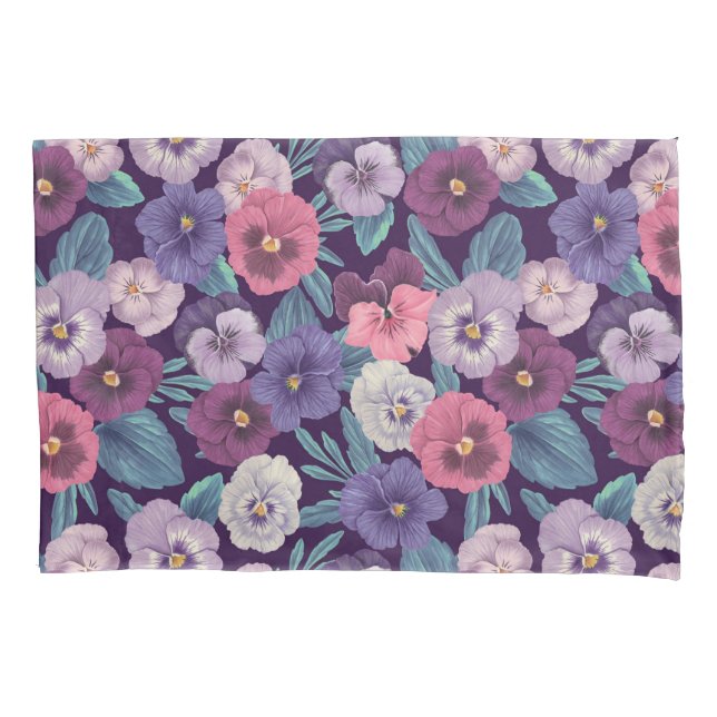 Colorful pansies on deep violet pillow case (Front-Left)