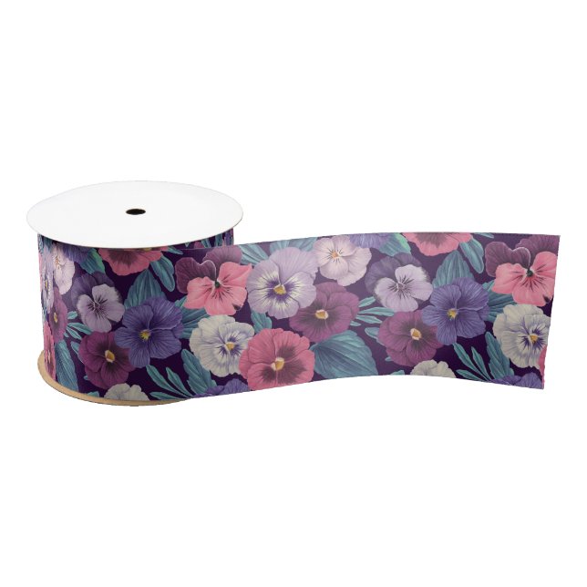 Colorful pansies on deep violet satin ribbon (Spool)