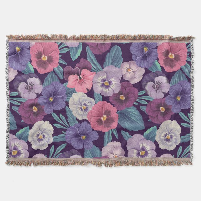 Colorful pansies on deep violet throw blanket (Front)