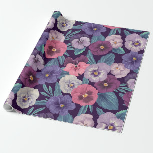 Colorful pansies on deep violet wrapping paper