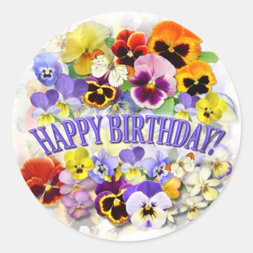 Colorful Pansies with Butterflies  Happy Birthday Classic Round Sticker
