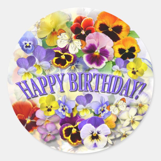 Colorful Pansies with Butterflies  Happy Birthday Classic Round Sticker (Front)