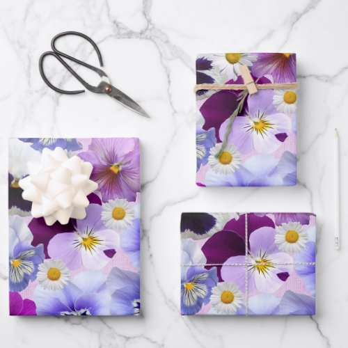 Colorful Pansy and Daisy Flowers Wrapping Paper Sheets