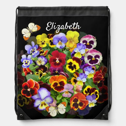 Colorful Pansy Arrangement with Butterflies  Draw Drawstring Bag