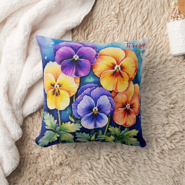 Colorful Pansy February Birth Flower Personalized Throw Pillow (Blanket)
