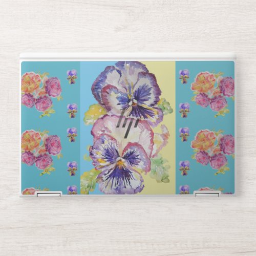 Colorful Pansy Floral Watercolor aqua Laptop Skin