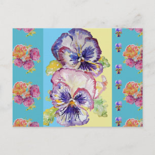 Colorful Pansy Floral Watercolor aqua Postcard