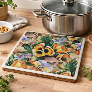 Colorful Pansy Flowers Botanical Watercolor  Trivet