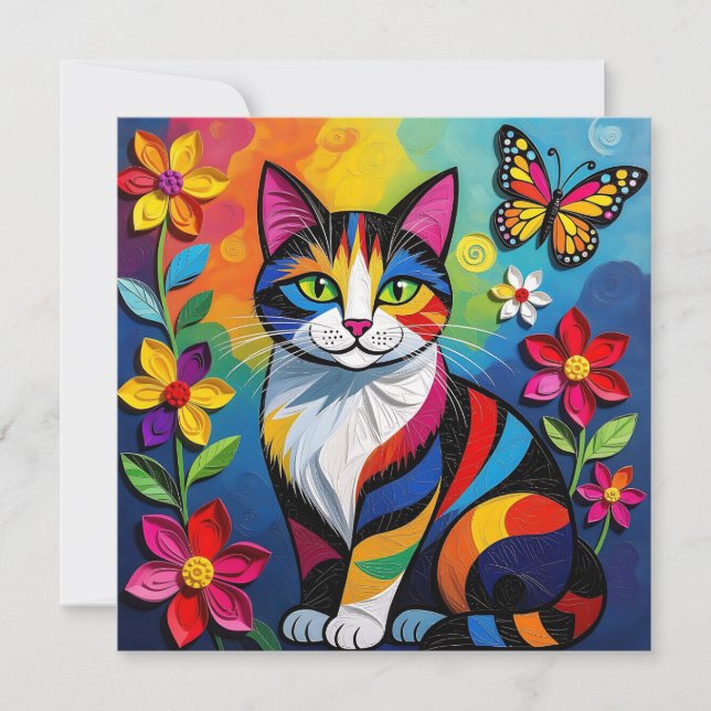 Colorful Paper Cat, Flowers and Butterflies Card (Front)