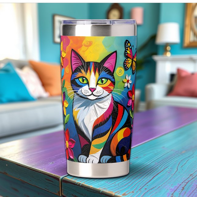 Colorful Paper Cat, Flowers and Butterflies Insulated Tumbler (Creator Uploaded)
