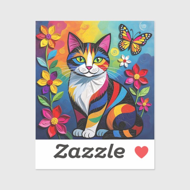 Colorful Paper Cat, Flowers and Butterflies Sticker (Sheet)