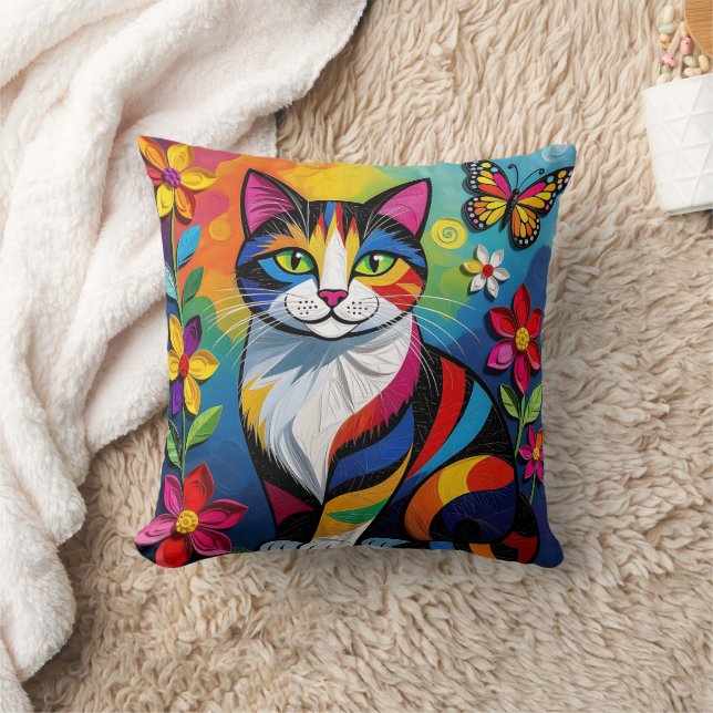 Colorful Paper Cat, Flowers and Butterflies Throw Pillow (Blanket)