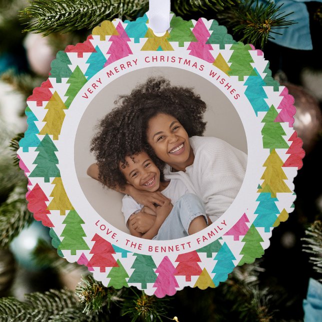 Colorful Paper Christmas Trees 2 Photo  Ornament Card (Creator Uploaded)