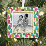 Colorful Paper Christmas Trees Kids Photo Metal Ornament<br><div class="desc">Add some fun and a burst of color to your holiday decor with this fun photo Christmas ornament, featuring a pattern of overlapping colorful tissue paper Christmas trees and a faux gold foil frame. Stylish typography reads, "Love" in faux gold foil, as well. The design is the same on the...</div>