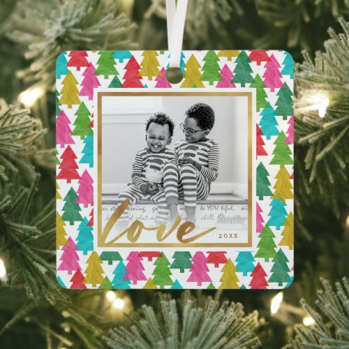 Colorful Paper Christmas Trees Kids Photo Metal Ornament