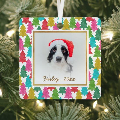 Colorful Paper Christmas Trees Pet Photo Metal Ornament