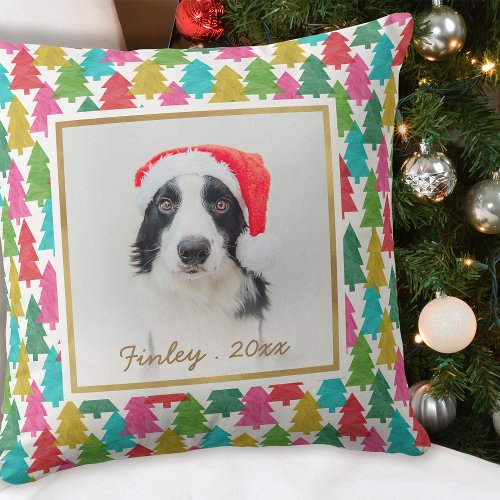 Colorful Paper Christmas Trees Pet Photo Throw Pillow