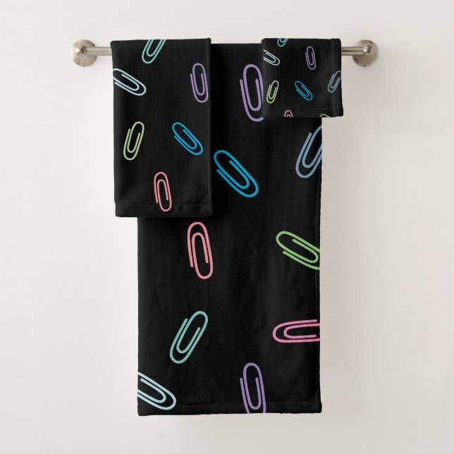 Colorful Paper Clips Pattern on Black Bath Towel Set (Insitu)