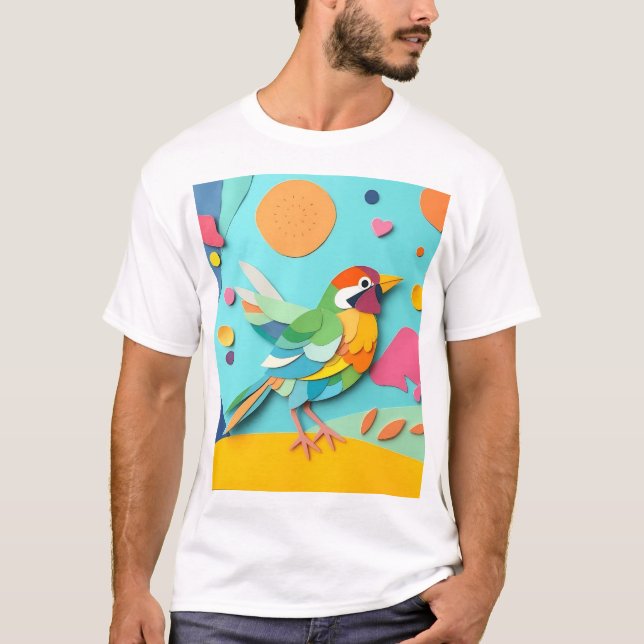 Colorful Paper Collage Bird T-Shirt (Front)