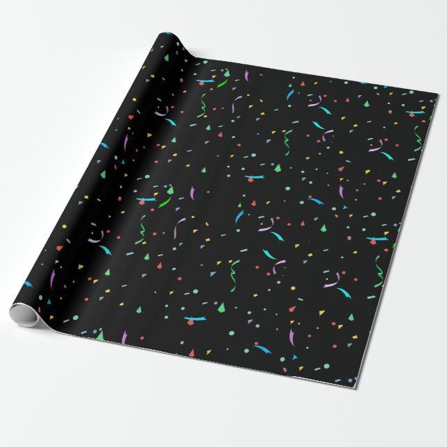 Colorful Paper Confetti on Black | Wrapping Paper (Unrolled)