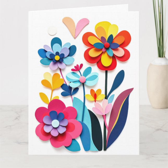 Colorful Paper Cut Flowers Joyful Botanical Card (Front)