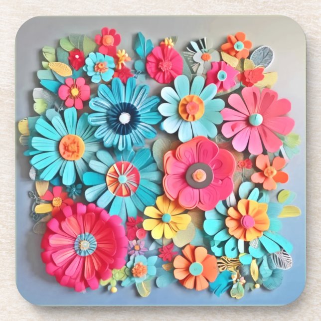 Colorful Paper Floral Art Beverage Coaster (Front)
