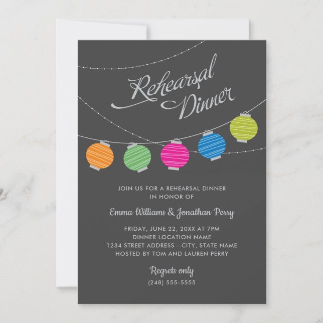 Colorful Paper Lanterns Wedding Rehearsal Dinner Invitation (Front)