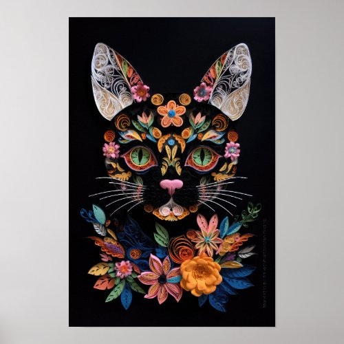 Colorful papercraft cat sugar skull poster
