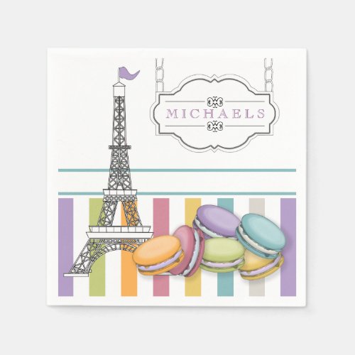 Colorful Paris Macaron Eiffel Tower Monogram Paper Napkins