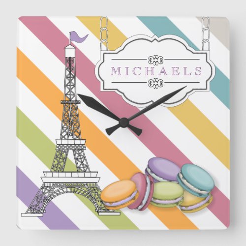 Colorful Paris Macaron Eiffel Tower Monogram Square Wall Clock