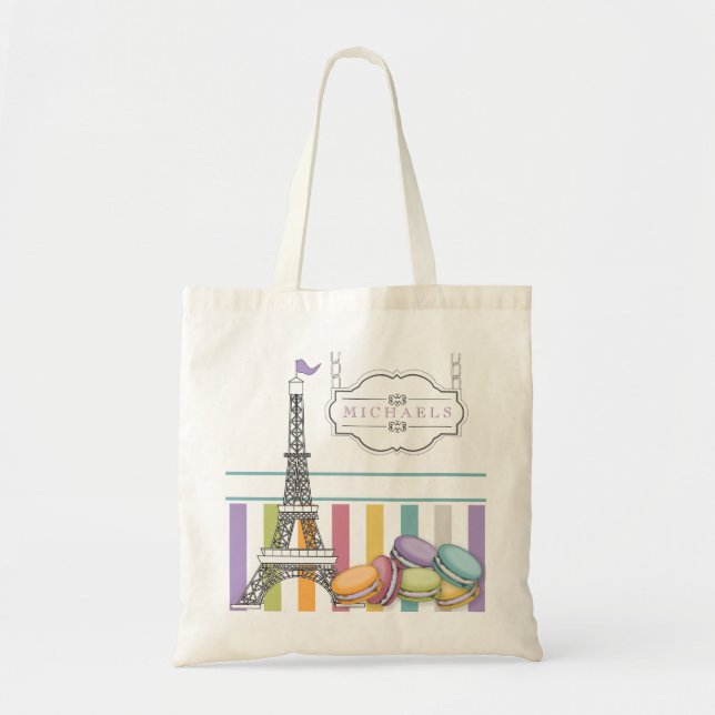 Colorful Paris Macaron Eiffel Tower Monogram Tote Bag (Front)