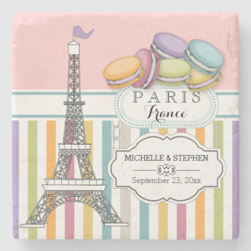 Colorful Paris Macaron Eiffel Tower Names Wedding Stone Coaster