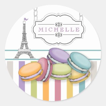Colorful Paris Macarons Eiffel Tower Monogram Classic Round Sticker by TrendyKitchens at Zazzle