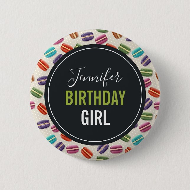 Colorful Parisian Macarons Pattern Birthday Girl Button (Front)