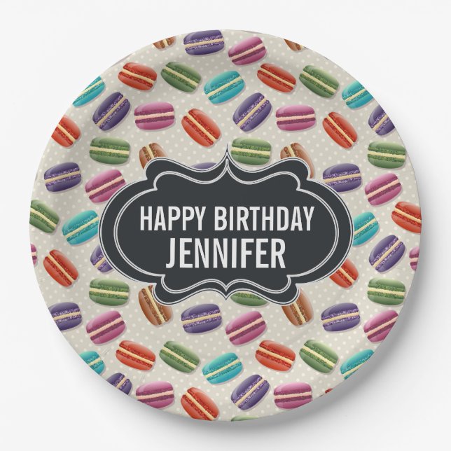 Colorful Parisian Macarons Pattern Birthday Paper Plates (Front)