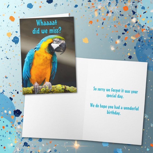 Colorful Parrot Belated Birthday Template (Parrot photo card cover with template text on cover and inside.)