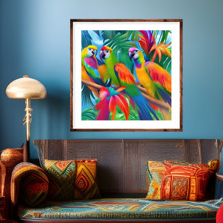 Colorful Parrot Birds Tropical Floral palms trees Poster
