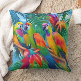 Colorful Parrot Birds Tropical Floral palms trees Throw Pillow
