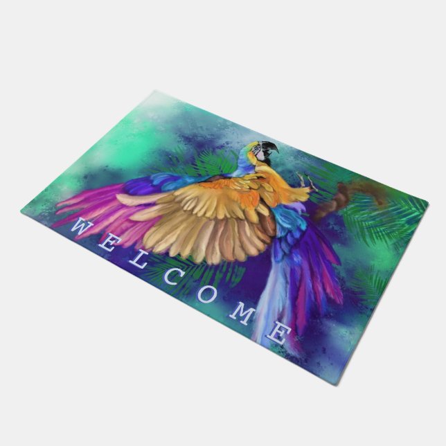 Colorful Parrot Doormat - Welcome (Angled)