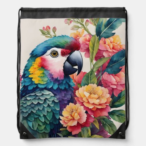 Colorful Parrot Floral Art Drawstring Bag