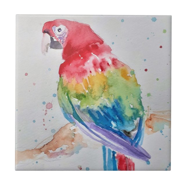 Colorful Parrot Macaw Watercolor Ceramic Tile (Front)