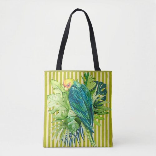 Colorful Parrot on Green Striped Background Tote Bag